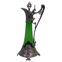 Antique Art Nouveau German WMF Green Glass Pewter Claret Pitcher Jug 16"