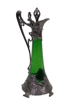 Antique Art Nouveau German WMF Green Glass Pewter Claret Pitcher Jug 16"