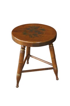 Taburete vintage para piano «Cricket» de Hitchcock, de madera de arce, con diseño de frutas estampado y base trípode