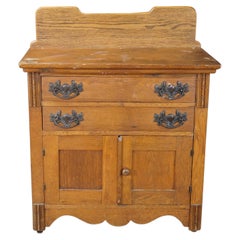 Antique American Victorian Oak Washstand Commode Chest Cabinet Backsplash
