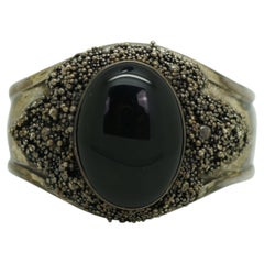 Vtg Brutalist Sterling Silver 925 Black Onyx Granulation Cuff Bracelet Bangle