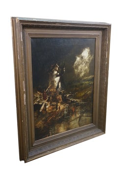 Peinture à l'huile ancienne du XIXe siècle, École de Barbizon (Pays-Bas) : paysage au clair de lune avec moulin à vent