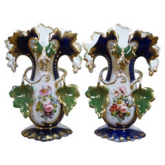 Pair Antique Old Paris Hand Painted Cobalt Blue Gilt Gold Floral Porcelain Vases