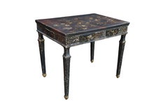 Vintage Chinoiserie Black Lacquered Floral Bird Writing Desk Library Table 35"