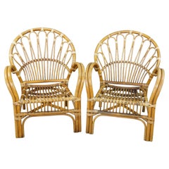 Pair Mid Century Modern Rattan Bamboo Armchairs Boho Sunburst Fan Back Chairs