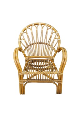 Pair Mid Century Modern Rattan Bamboo Armchairs Boho Sunburst Fan Back Chairs