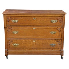 Antique Victorian Eastlake Oak Three Drawer Carved Dresser Chest Casters 43"