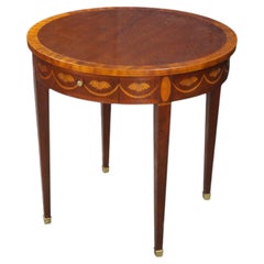 Baker Federal Hepplewhite Style Mahogany Round Inlaid Side Table Pullout Trays
