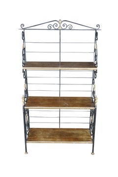 Vintage French Scrolled Iron & Brass Bakers Rack Etagere Wall Shelf Bookcase 86"