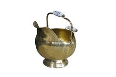 Vintage Brass Coal Scuttle Delft Blue Porcelain Handle Fireplace Ash Bucket 16"