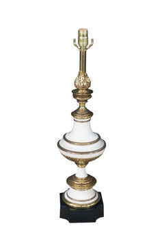 2 Stiffel Hollywood Regency Empire White Enamel & Brass Buffet Table Lamps Pair