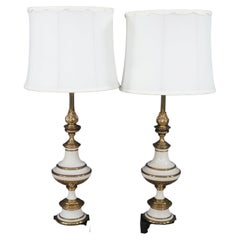 2 Stiffel Hollywood Regency Empire White Enamel & Brass Buffet Table Lamps Pair