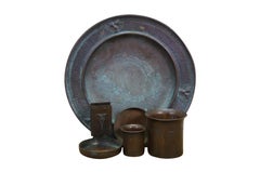 Plateau antique Roycroft de style Art nouveau « Trilium Craft », service à fumer en cuivre martelé