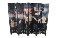 Chinese Coromandel Black Lacquer 8 Panel Folding Screen Room Divider 128"