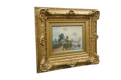 Cuadro al óleo antiguo de un paisaje con un molino de viento y un barco de pesca holandés «O Nyvelt», pintado sobre tabla, 23"