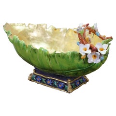 Antique Italian Majolica Footed Banana Leaf Centerpiece Monteith Bowl 26"