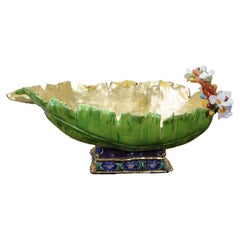 Antique Italian Majolica Footed Banana Leaf Centerpiece Monteith Bowl 26"