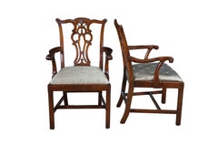 6 Maitland Smith Chippendale Pierced Mahogany Dining Side Arm Chairs Silk Seats