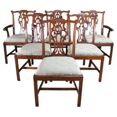 6 Maitland Smith Chippendale Pierced Mahogany Dining Side Arm Chairs Silk Seats