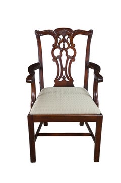 2 Maitland Smith Chippendale Pierced Mahogany Dining Arm Chairs Silk Seats Pair