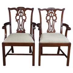 2 Maitland Smith Chippendale Pierced Mahogany Dining Arm Chairs Silk Seats Pair
