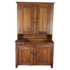 Armoire de cuisine américaine ancienne, primitive et rare, de style ferme, en chêne, avec évier sec et façade en retrait