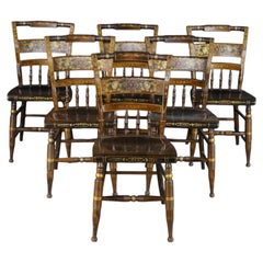 6 Piezas vintage de Nichols & Stone Co. Sillas de comedor de arce con motivos estampados al estilo Hitchcock