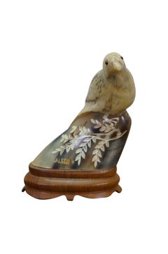 Mid-Century Justa Carved Buffalo Horn Bird Figurine on Wood Base MCM Sculpture