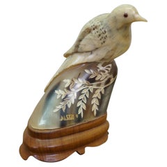 Mid-Century Justa Carved Buffalo Horn Bird Figurine on Wood Base MCM Sculpture