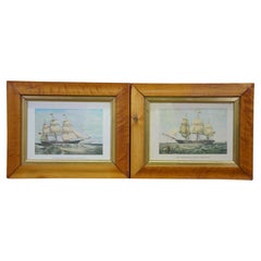 Pair Mid Century Clipper Ship Prints Windsor Castle & Swiftsure Maple Frames 12"