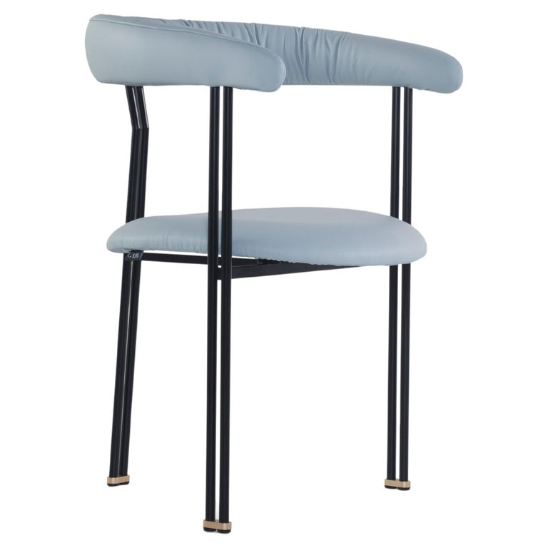 Maia Chair with Armrests Black Lacquered Metal Premium Italian Blue Leather For Sale