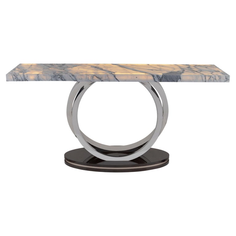 21st century contemporary Art Deco Style Turim console calacatta cremo marble stainless steel handcrafted in Portugal by Greenapple 

Turim console materials
Top in polished calacatta cremo marble backlit with LED light.
Round floor base in beech