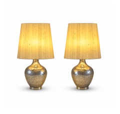 Set/2 Modern Table Lamps, Glass Base, Silk Lampshade, Handmade by Greenapple