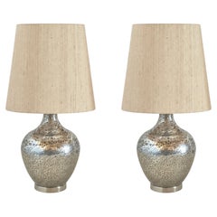 Set/2 Modern Table Lamps, Glass Base, Silk Lampshade, Handmade by Greenapple