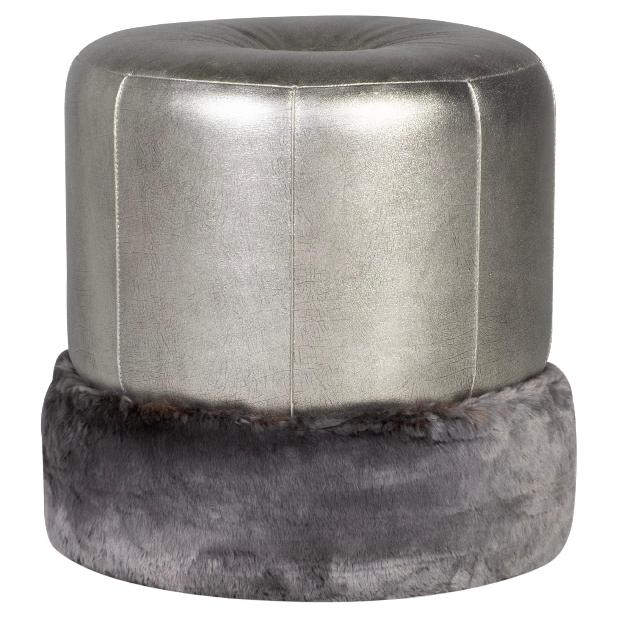 Art Deco Adonis Pouf ottomano in pelle con pelliccia sintetica fatto a mano in Portogallo Greenapple