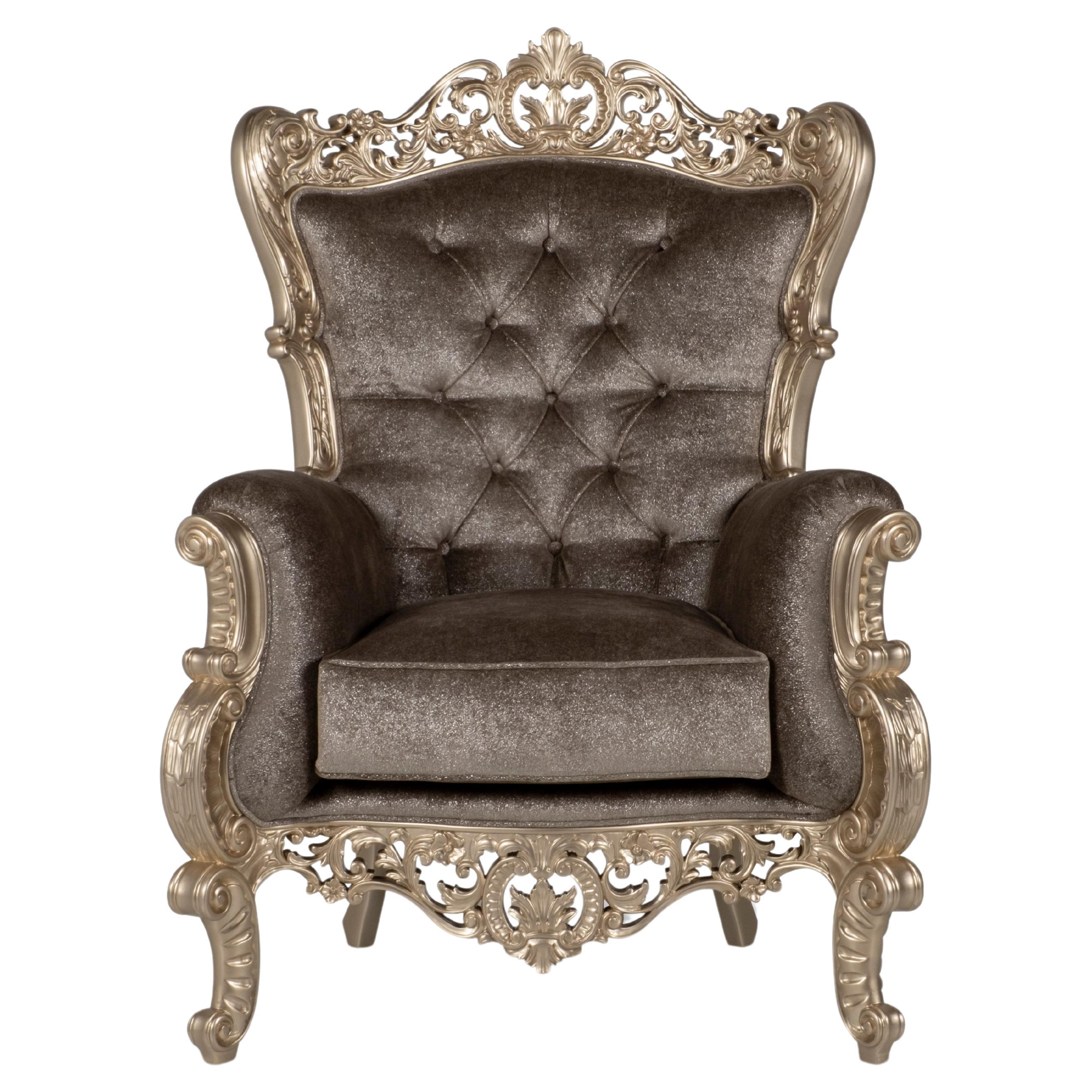 French Neoclassical Christien Armchair, Neoclassical collection, handcrafted in Portugal - Europe by GF Modern.

A French Neoclassical style armchair, Christien is handcarved in linden wood and lacquered in champagne bronze powder with a high-gloss