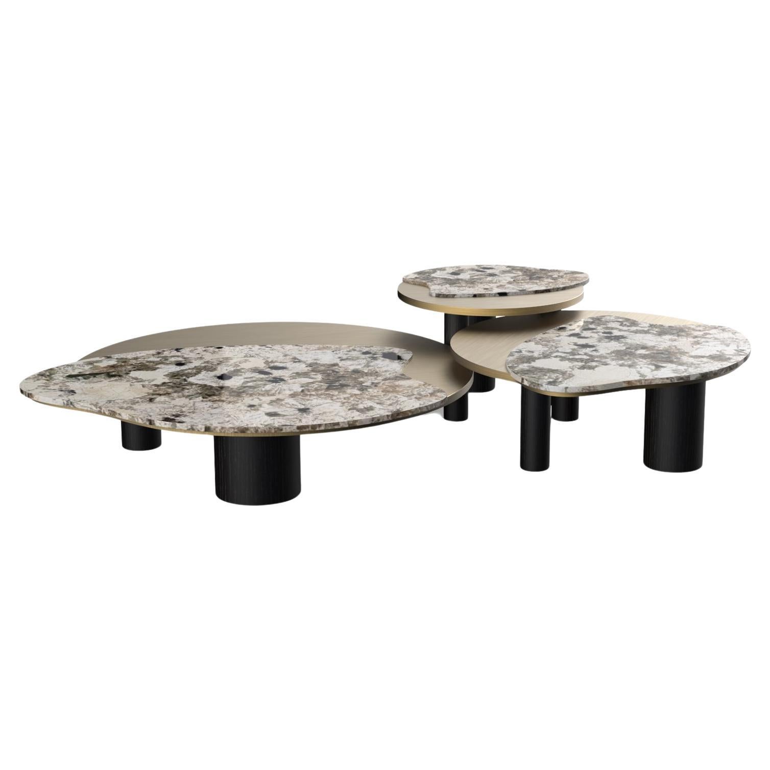 Mid-Century Modern Bordeira Nesting Couchtische, Onyx, Messing, Eiche, Greenapple