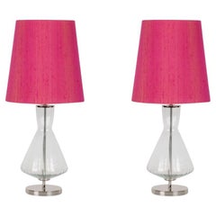 Set/2 Modern Table Lamps, Glass Base, Silk Lampshade, Handmade by Greenapple
