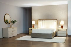 Cama moderna «Moura» en piel y roble grisáceo, tamaño «Queen» (EE. UU.), hecha a mano por Greenapple