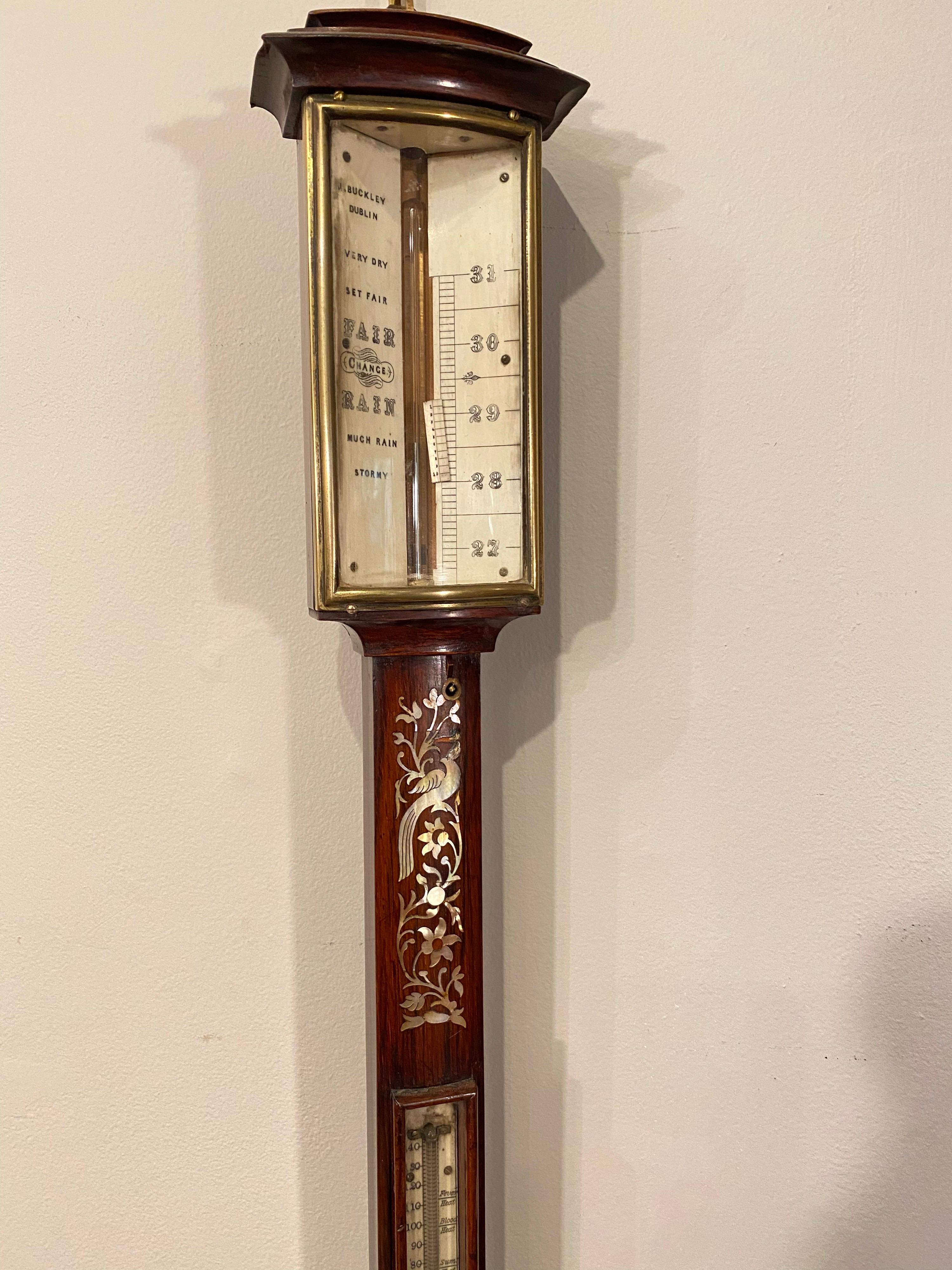 Early Victorian Walnut with Mother of Pearl Inlayed Stick Barometer For Sale 1