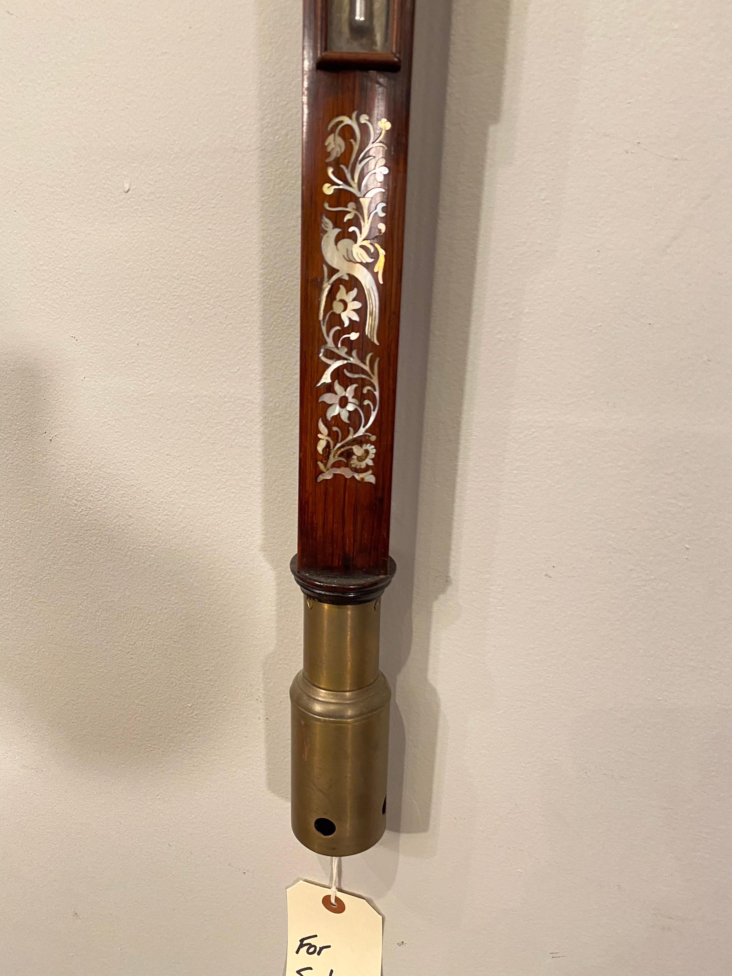 Early Victorian Walnut with Mother of Pearl Inlayed Stick Barometer For Sale 3