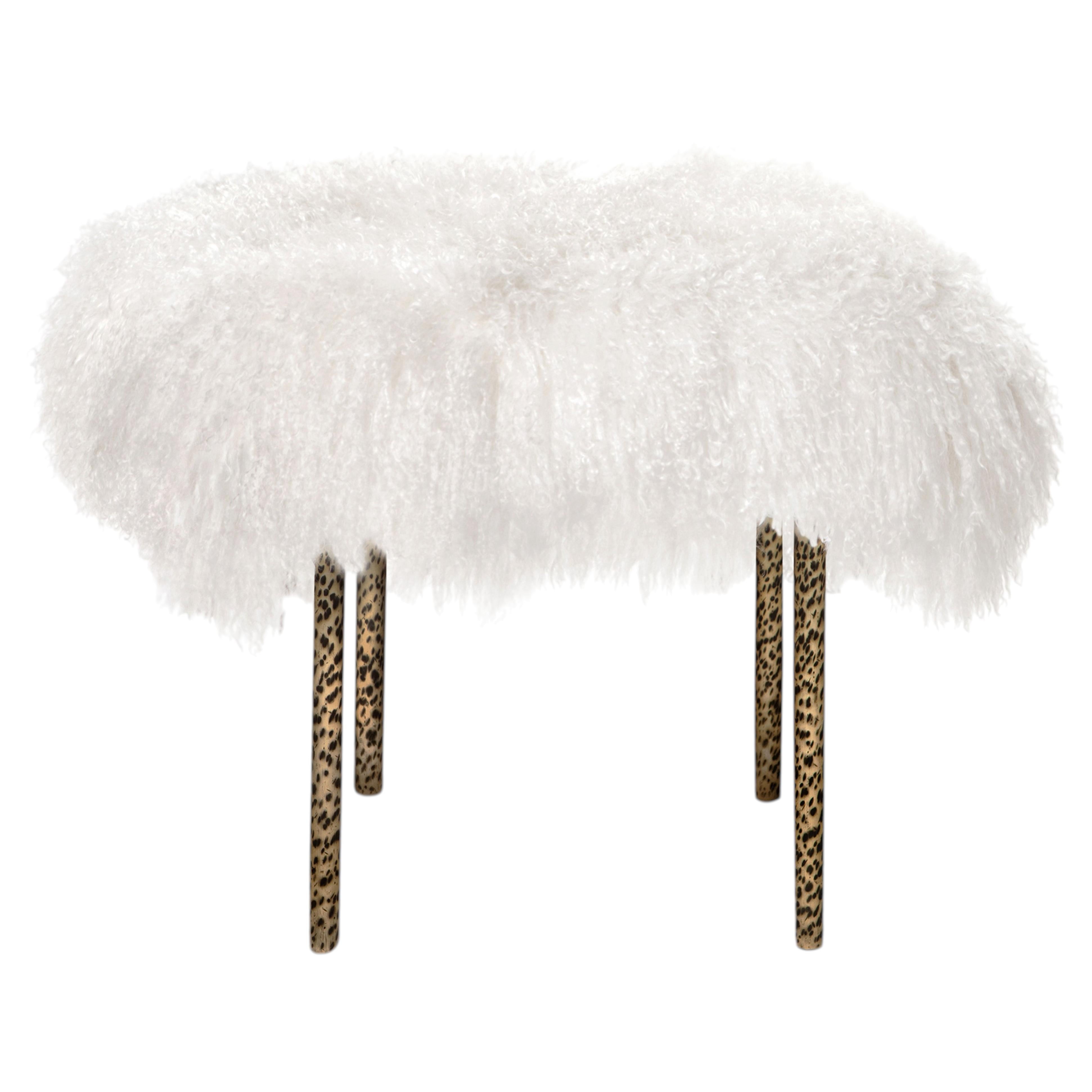 Modern white lamb fur hammered bronzed brass Tree Branches bench by InsidherLand For Sale