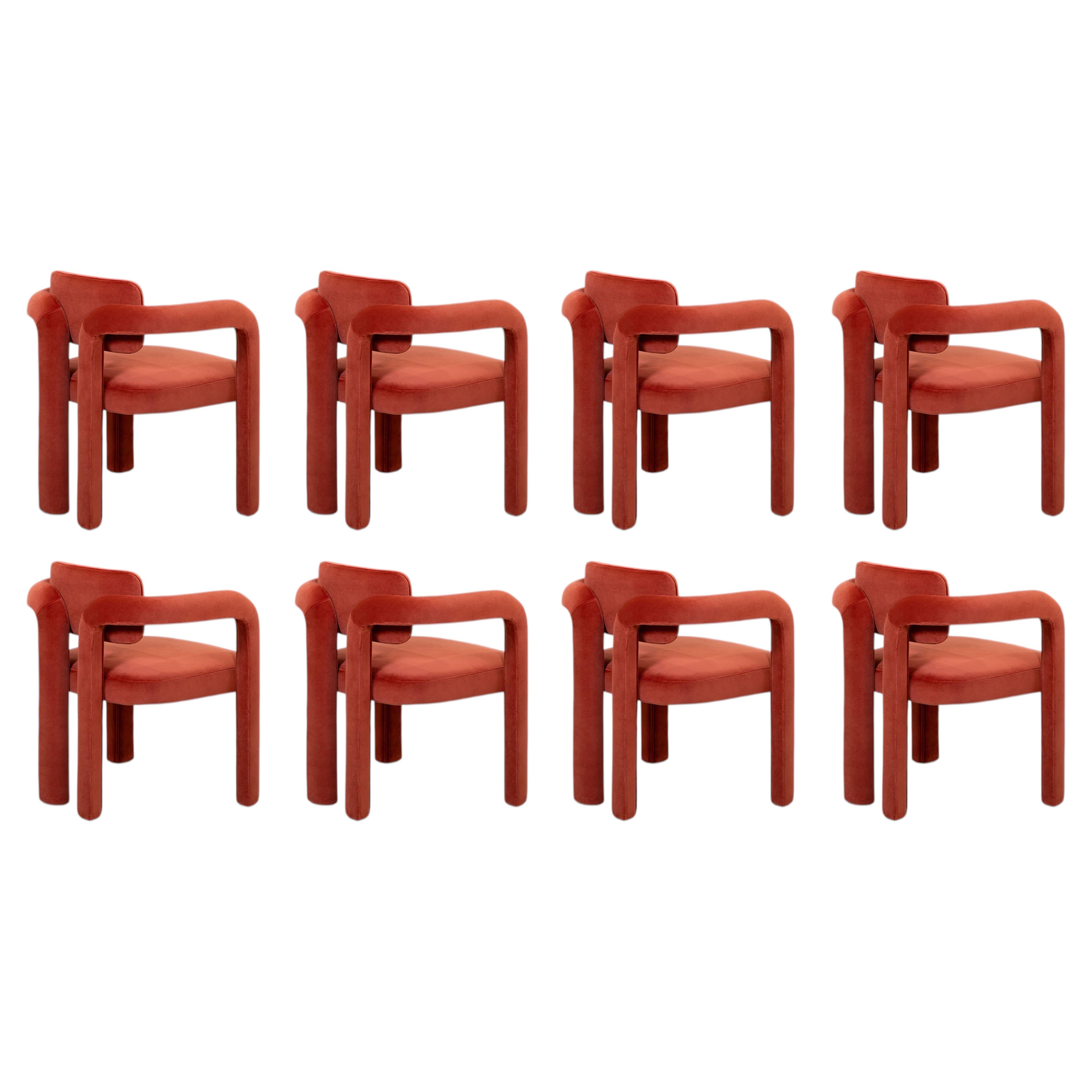 Lot de 8 chaises de salle à manger modernes et sculpturales en velours rouge Double Arch par InsidherLand