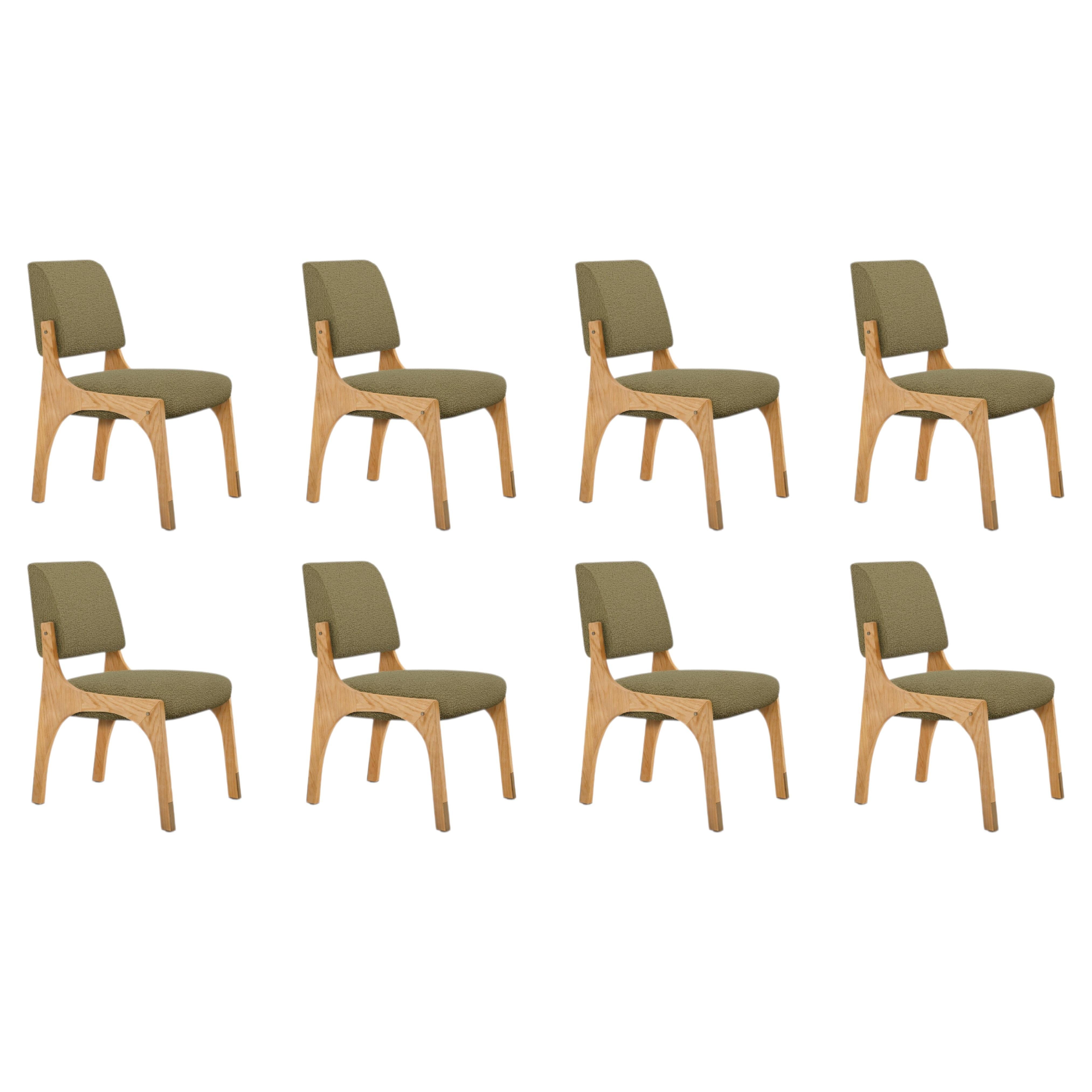 Lot de 8 chaises de salle à manger sans accoudoirs Arches II en chêne bouclé vert fougère par InsidherLand en vente