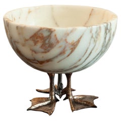 Contemporary White and Gold Marble Bowl on Cast Bronze Duck Feet