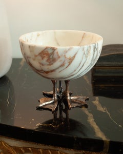 Contemporary White and Gold Marble Bowl on Cast Bronze Duck Feet