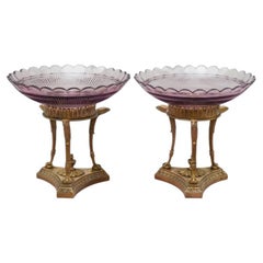Antique Pair of French Purple Cut Crystal & Bronze Compotes / Tazzas