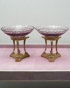 Antique Pair of French Purple Cut Crystal & Bronze Compotes / Tazzas