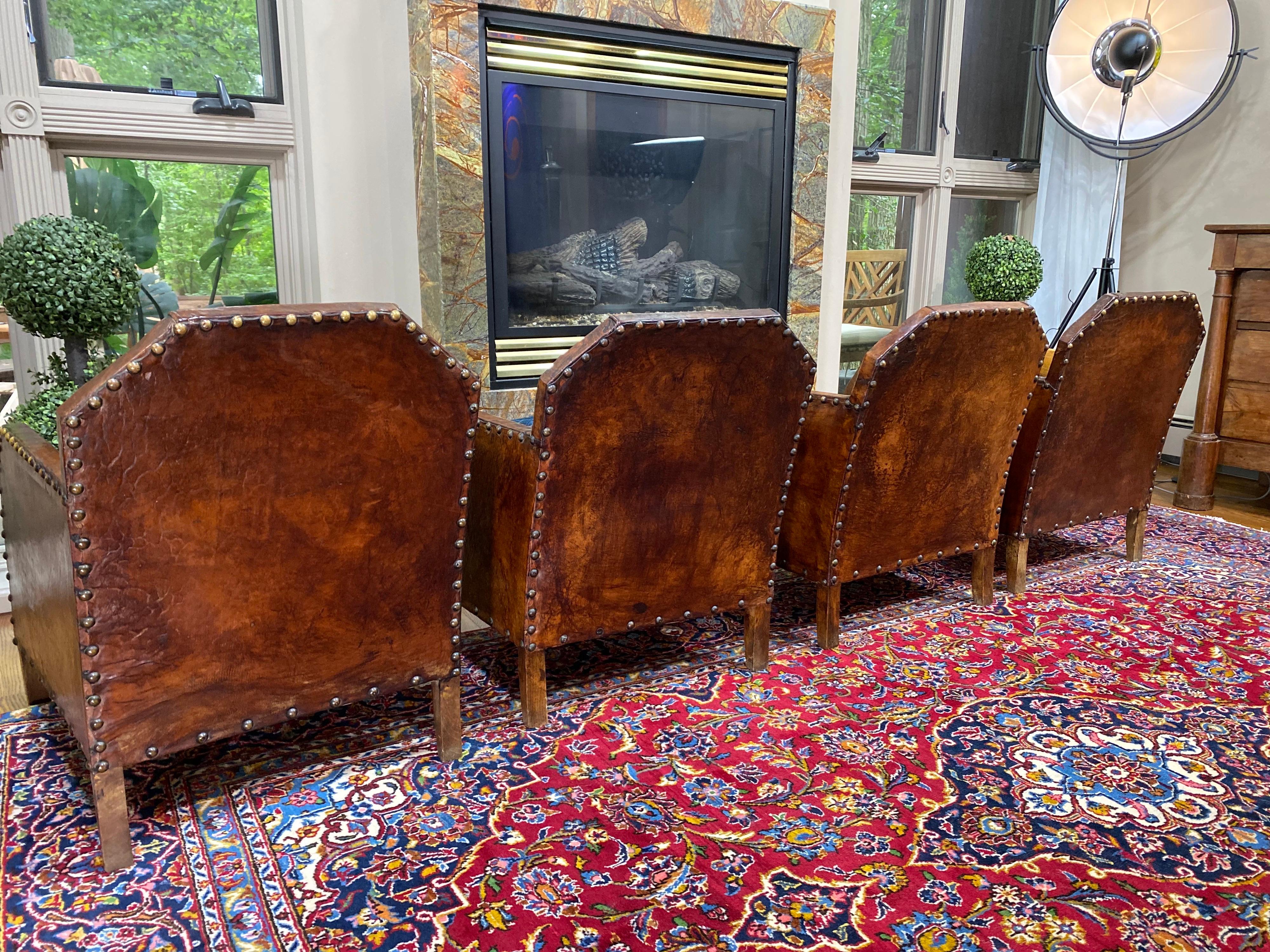 1930s Vintage Art Deco French Leather Club Chairs, Set of 4 3