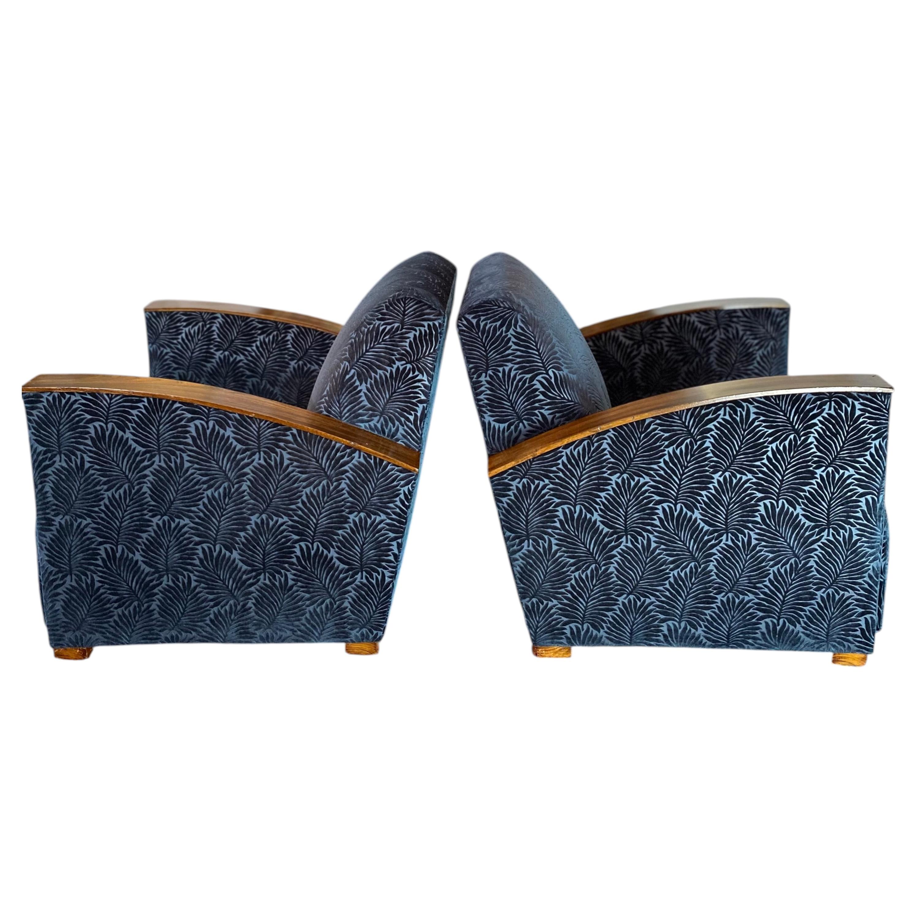 Paar Fench Art Deco Club Chairs, Blauer Samt Nobilis, Frankreich, um 1930